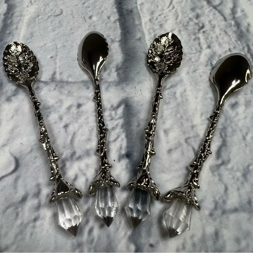 4 Silver Retro Coffee Spoons Crystal Alloy Spoons Vintage Carved Coffee Spoon